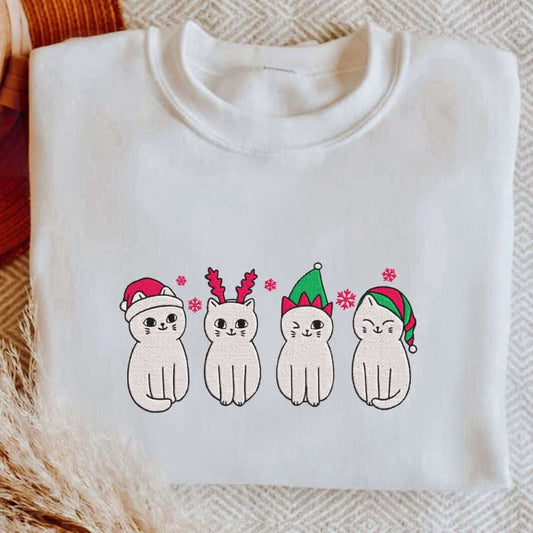 Eembroidered Custom Sweatshirts, Embroidered Christmas Cat Sweatshirt, Meowy Christmas Sweater, For Cat Lovers, Christmas Gift