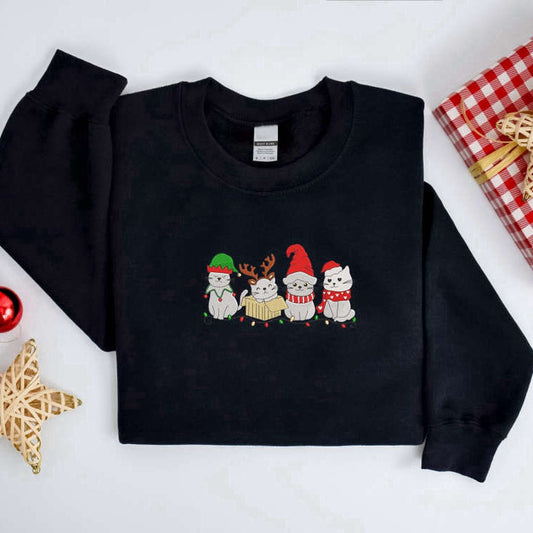 Eembroidered Custom Sweatshirts, Embroidered Christmas Cat Sweatshirt, Meowy Santa Christmas Sweater For Family, Christmas Gift