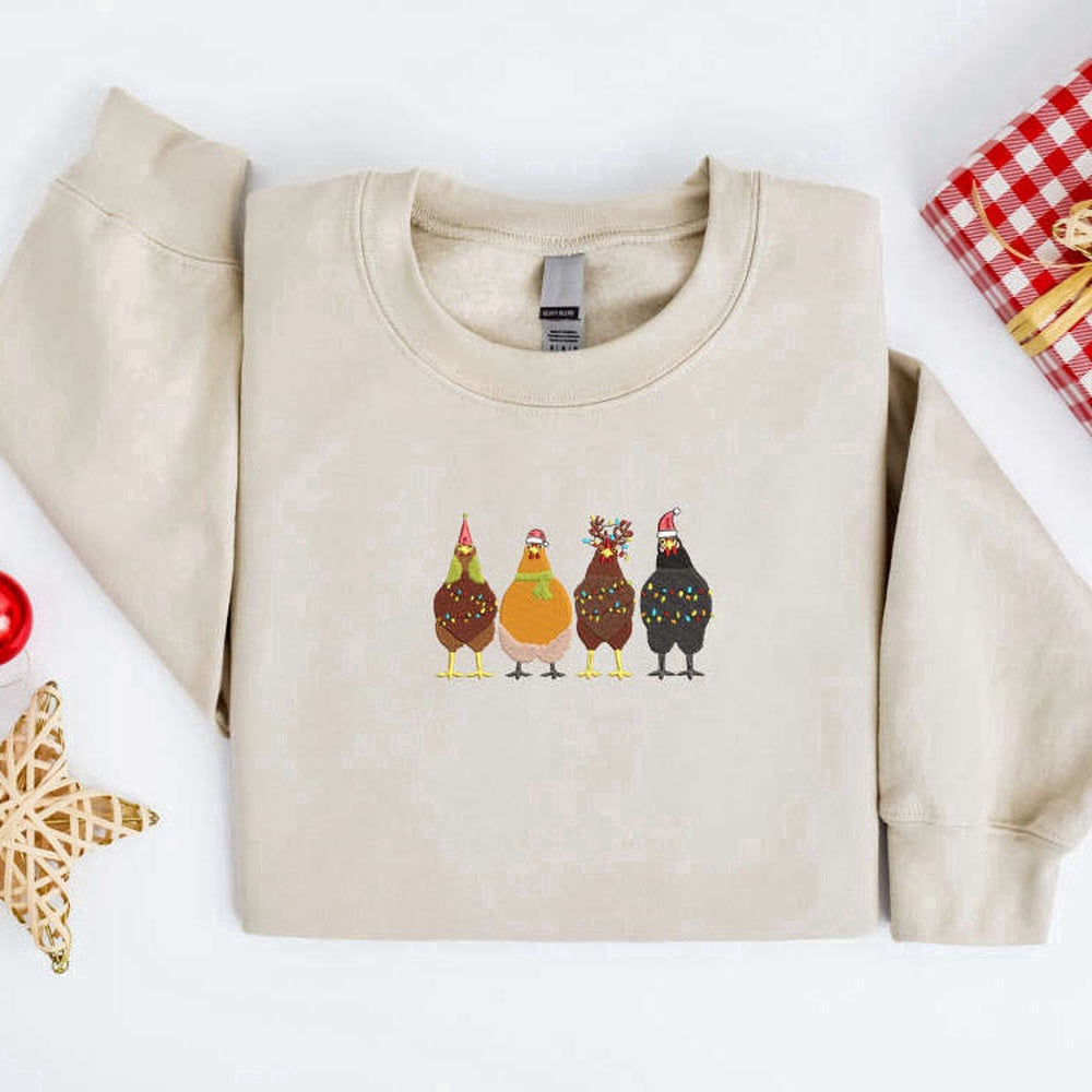 Eembroidered Custom Sweatshirts, Embroidered Christmas Chickens Sweatshirt, Chicken Farm Sweater For Family, Christmas Gift