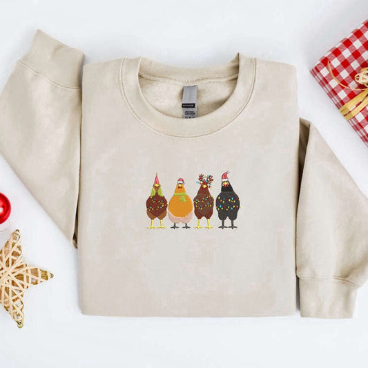 Eembroidered Custom Sweatshirts, Embroidered Christmas Chickens Sweatshirt, Chicken Farm Sweater For Family, Christmas Gift