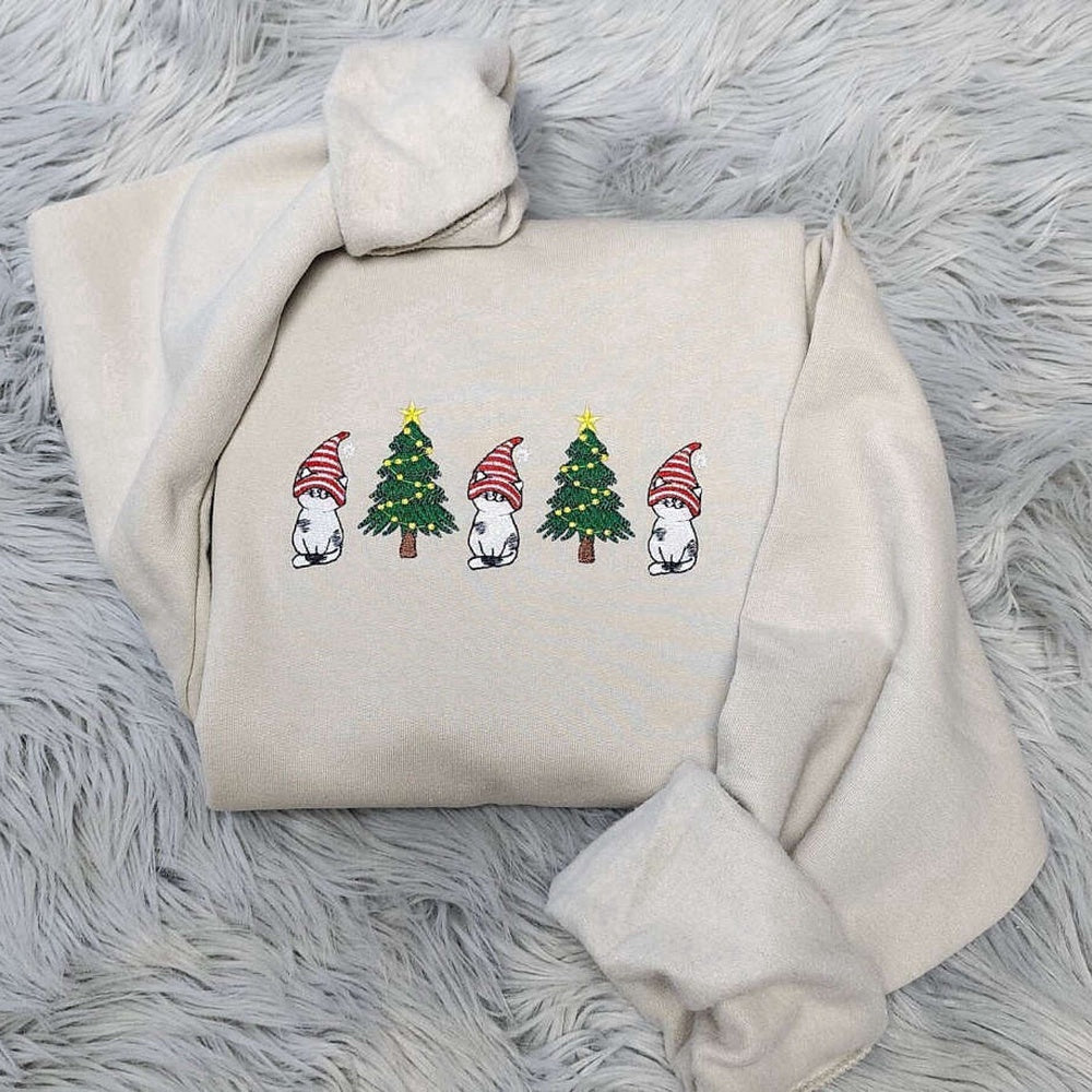 Eembroidered Custom Sweatshirts, Embroidered Christmas Cute Cat Sweatshirt, Best Gift For Cat Lover, Christmas Gift