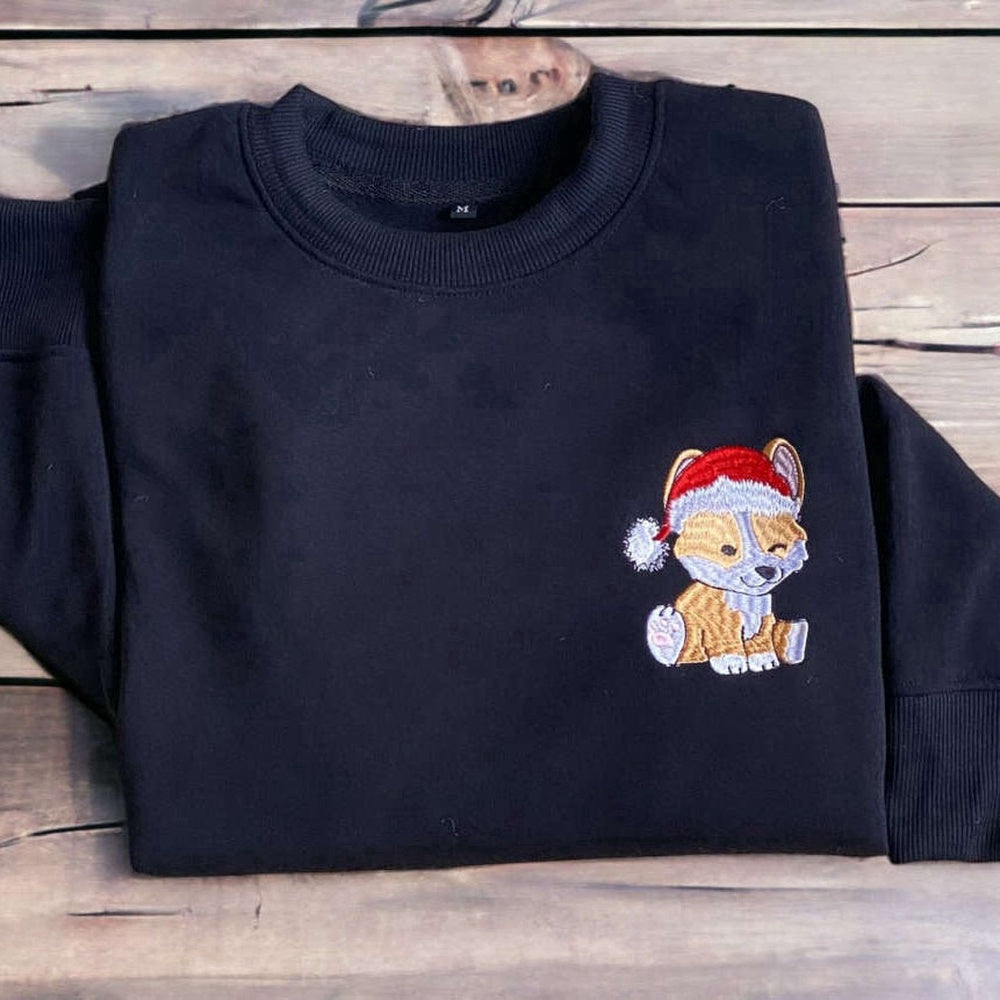 Eembroidered Custom Sweatshirts, Embroidered Christmas Dog Crewneck Embroidered Corgi Santa Dog Christmas Sweatshirt For Family, Christmas Gift