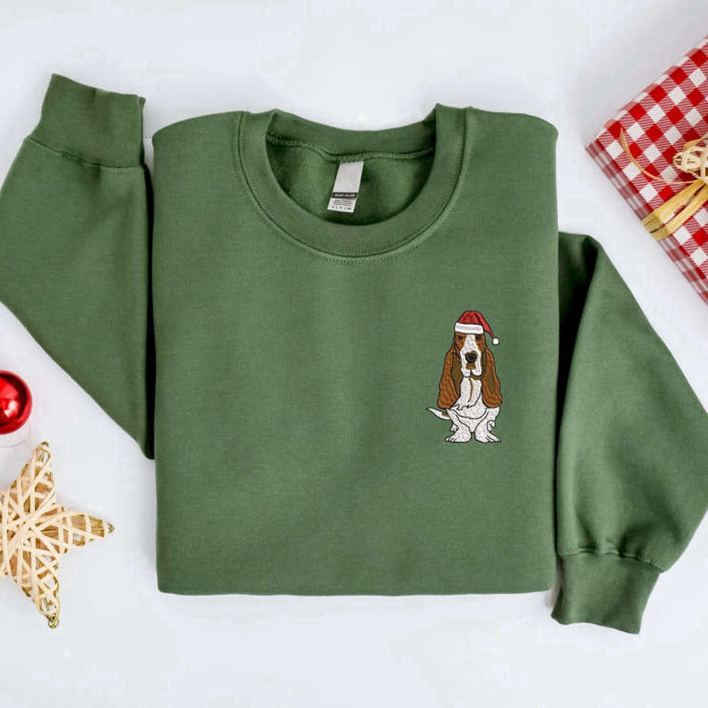 Eembroidered Custom Sweatshirts, Embroidered Christmas Dog Sweatshirt, Basset Hound Dog Christmas Sweater For Family, Christmas Gift