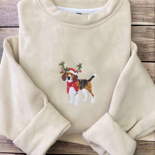 Eembroidered Custom Sweatshirts, Embroidered Christmas Dog Sweatshirt, Beagle Reindeer Santa Dog Sweatshirt For Family, Christmas Gift