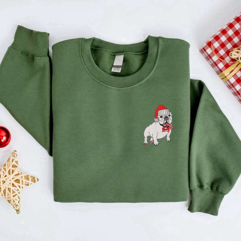 Eembroidered Custom Sweatshirts, Embroidered Christmas Dog Sweatshirt, Bulldog Christmas Sweaterchristmas Sweatshirt, Christmas Gift