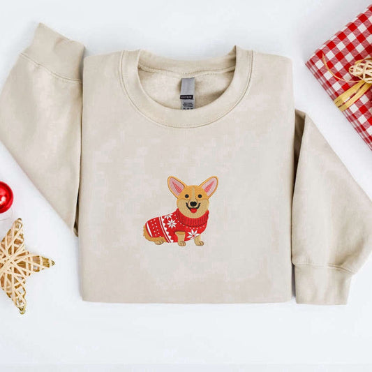 Eembroidered Custom Sweatshirts, Embroidered Christmas Dog Sweatshirt, Corgi Dog Christmas Sweatshirt For Family, Christmas Gift