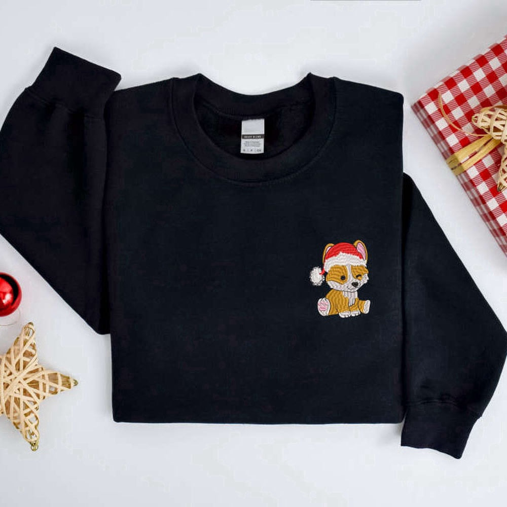Eembroidered Custom Sweatshirts, Embroidered Christmas Dog Sweatshirt, Corgi Santa Dog Sweater For Family, Christmas Gift