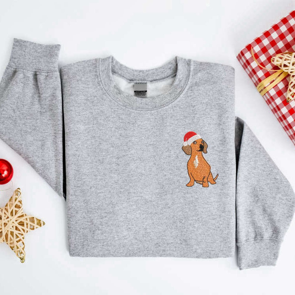 Eembroidered Custom Sweatshirts, Embroidered Christmas Dog Sweatshirt, Dachshund Santa Dog Christmas Sweater For Family, Christmas Gift