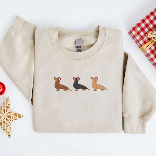 Eembroidered Custom Sweatshirts, Embroidered Christmas Dog Sweatshirt, Dachshund Santa Dog Sweatshirt For Family, Christmas Gift