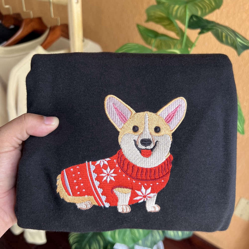 Eembroidered Custom Sweatshirts, Embroidered Christmas Dog Sweatshirt Embroidered Corgi Dog Christmas Sweater For Family, Christmas Gift