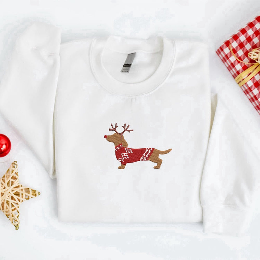 Eembroidered Custom Sweatshirts, Embroidered Christmas Dog Sweatshirt Embroidered Dachshund Reindeer Dog Weater For Family, Christmas Gift
