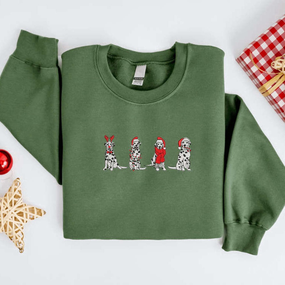 Eembroidered Custom Sweatshirts, Embroidered Christmas Dog Sweatshirt, Embroidered Dalmatian Dog Sweater For Dog Lover, Christmas Gift