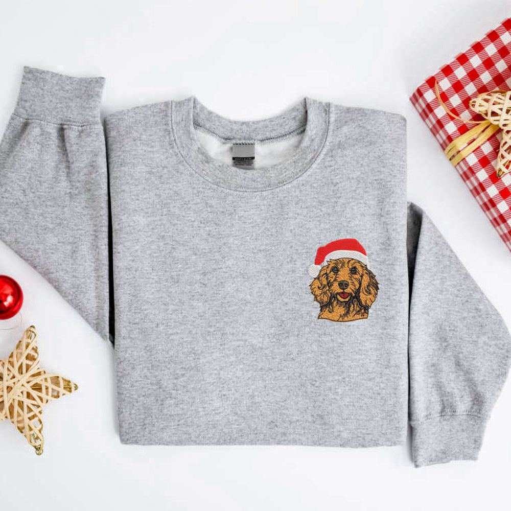 Eembroidered Custom Sweatshirts, Embroidered Christmas Dog Sweatshirt Embroidered Goldendoodle Santa Sweater For Christmas, Christmas Gift