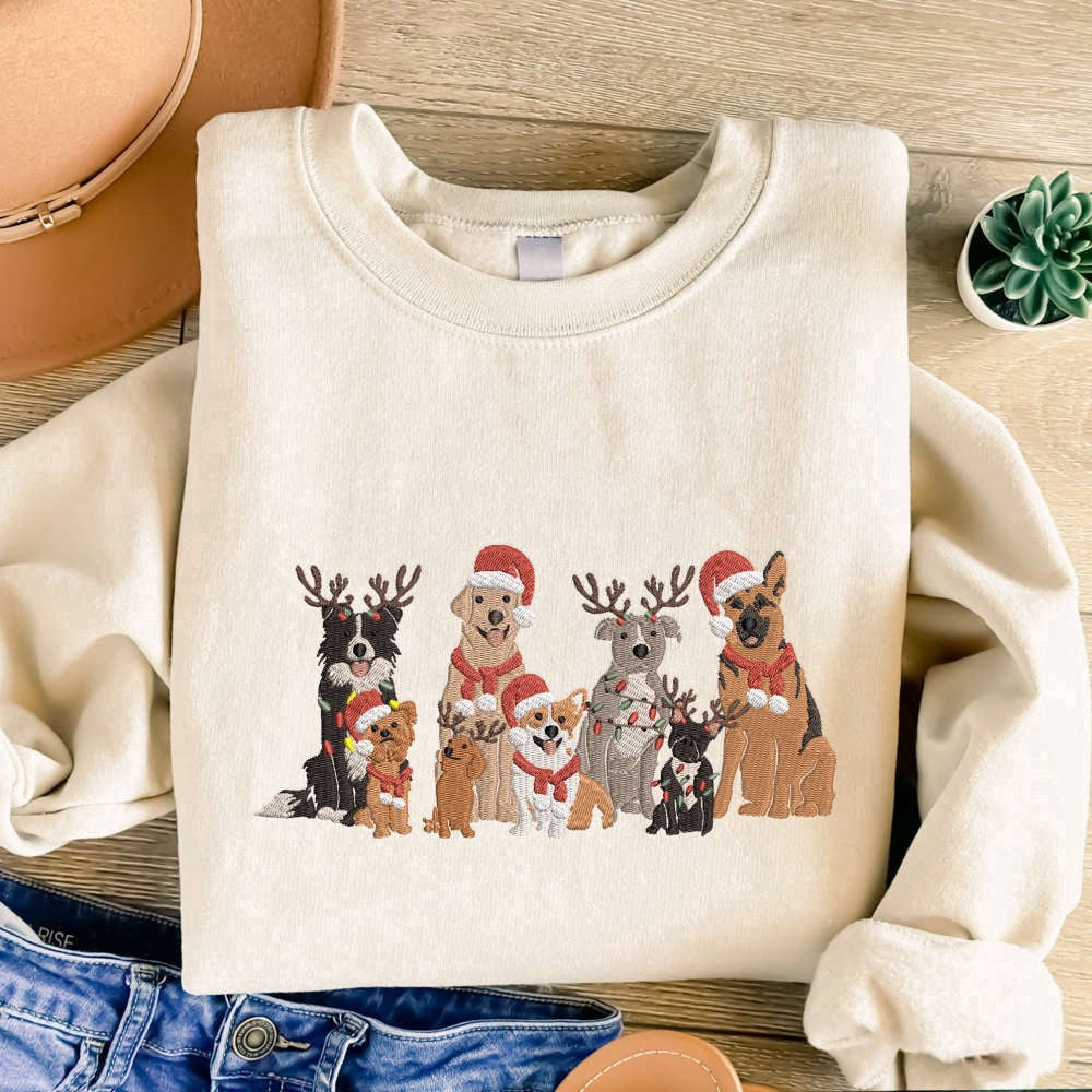 Eembroidered Custom Sweatshirts, Embroidered Christmas Dog Sweatshirt, Family Dog Embroidered Sweatshirt For Christmas, Christmas Gift