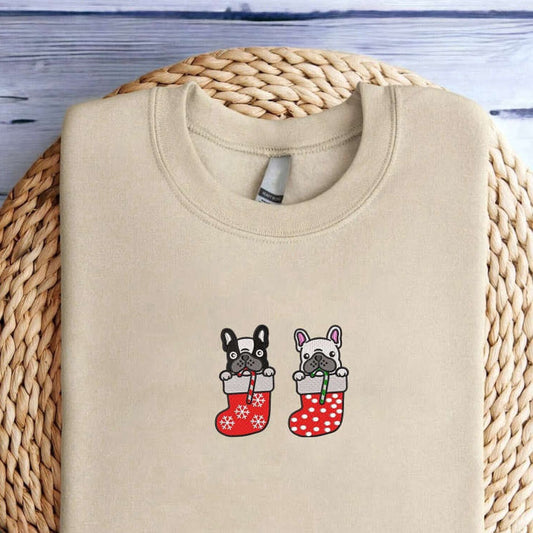 Eembroidered Custom Sweatshirts, Embroidered Christmas Dog Sweatshirt, French Bulldog Christmas Sweatshirt For Family, Christmas Gift