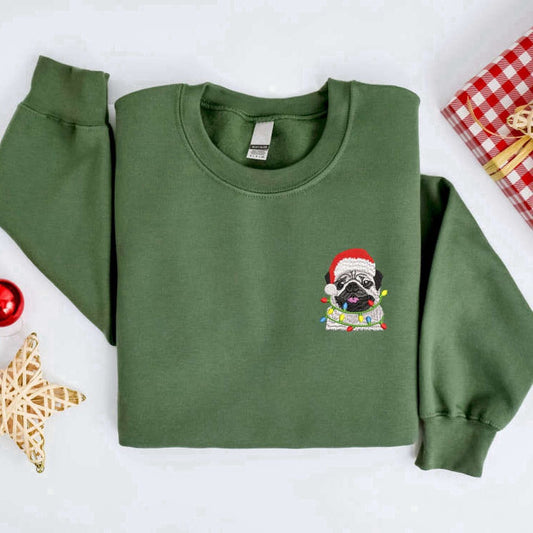 Eembroidered Custom Sweatshirts, Embroidered Christmas Dog Sweatshirt, Pug Dog Christmas Sweater Shirt, Christmas Gift
