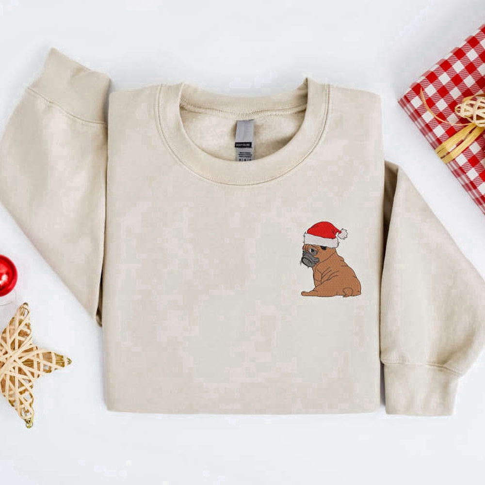 Eembroidered Custom Sweatshirts, Embroidered Christmas Dog Sweatshirt, Pug Santa Dog Christmas Sweater, Christmas Gift