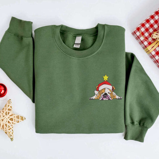 Eembroidered Custom Sweatshirts, Embroidered Christmas English Bulldog Sweatshirt, Christmas Sweater For Family, Christmas Gift