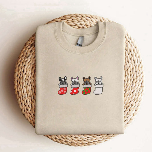 Eembroidered Custom Sweatshirts, Embroidered Christmas French Bulldog Sweatshirt Christmas Dog Sweatshirt For Dog Lover, Christmas Gift