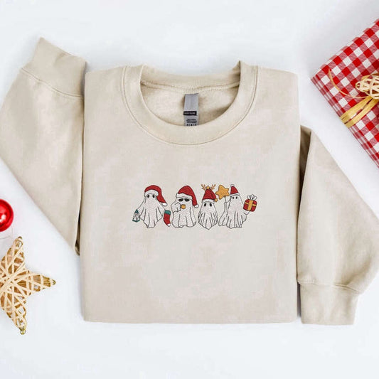 Eembroidered Custom Sweatshirts, Embroidered Christmas Ghost Sweatshirt, Santa Ghost Christmas Sweater For Family, Christmas Gift