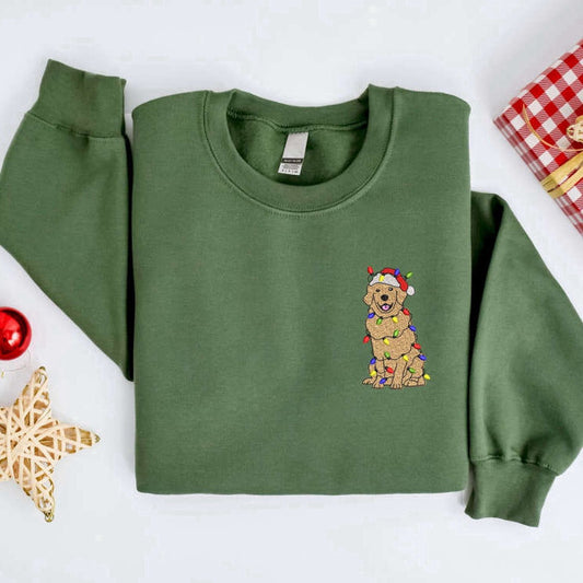 Eembroidered Custom Sweatshirts, Embroidered Christmas Golden Dog Sweatshirt, Dog Sweater Gift For Family, Christmas Gift