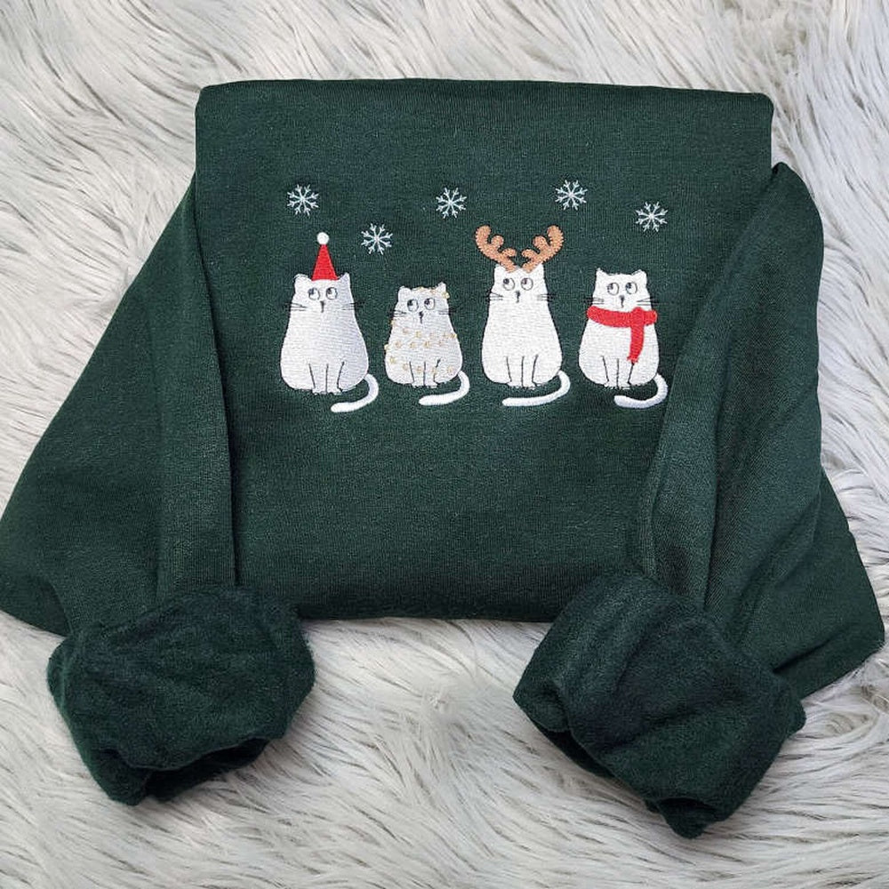 Eembroidered Custom Sweatshirts, Embroidered Christmas Meowy Happy Cat Sweatshirt, Best Gift For Cat Lover, Christmas Gift