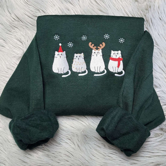 Eembroidered Custom Sweatshirts, Embroidered Christmas Meowy Happy Cat Sweatshirt, Best Gift For Cat Lover, Christmas Gift
