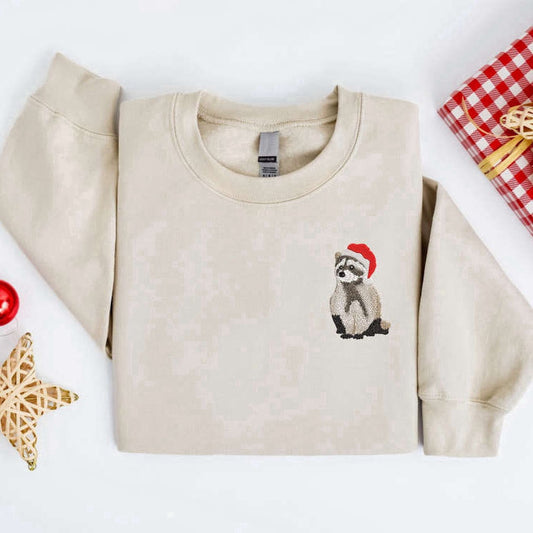 Eembroidered Custom Sweatshirts, Embroidered Christmas Raccoon Sweatshirt, Raccoon Santa Christmas Sweater For Family, Christmas Gift