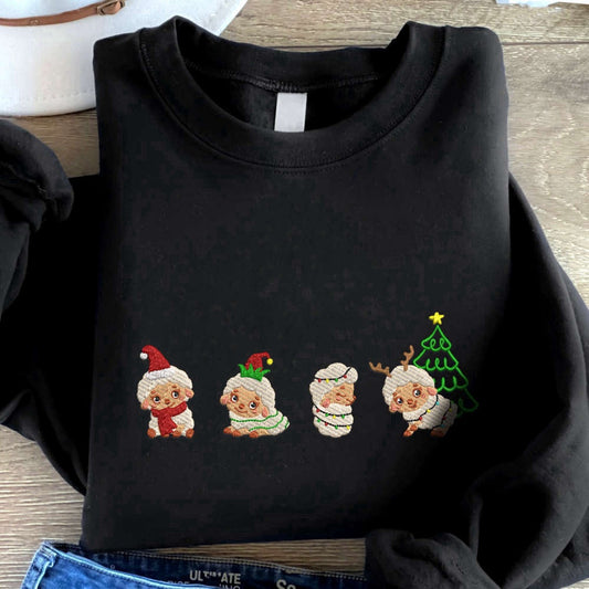 Eembroidered Custom Sweatshirts, Embroidered Christmas Sheep Sweatshirt, Cute Sheep Embroidered Sweatshirt For Family, Christmas Gift