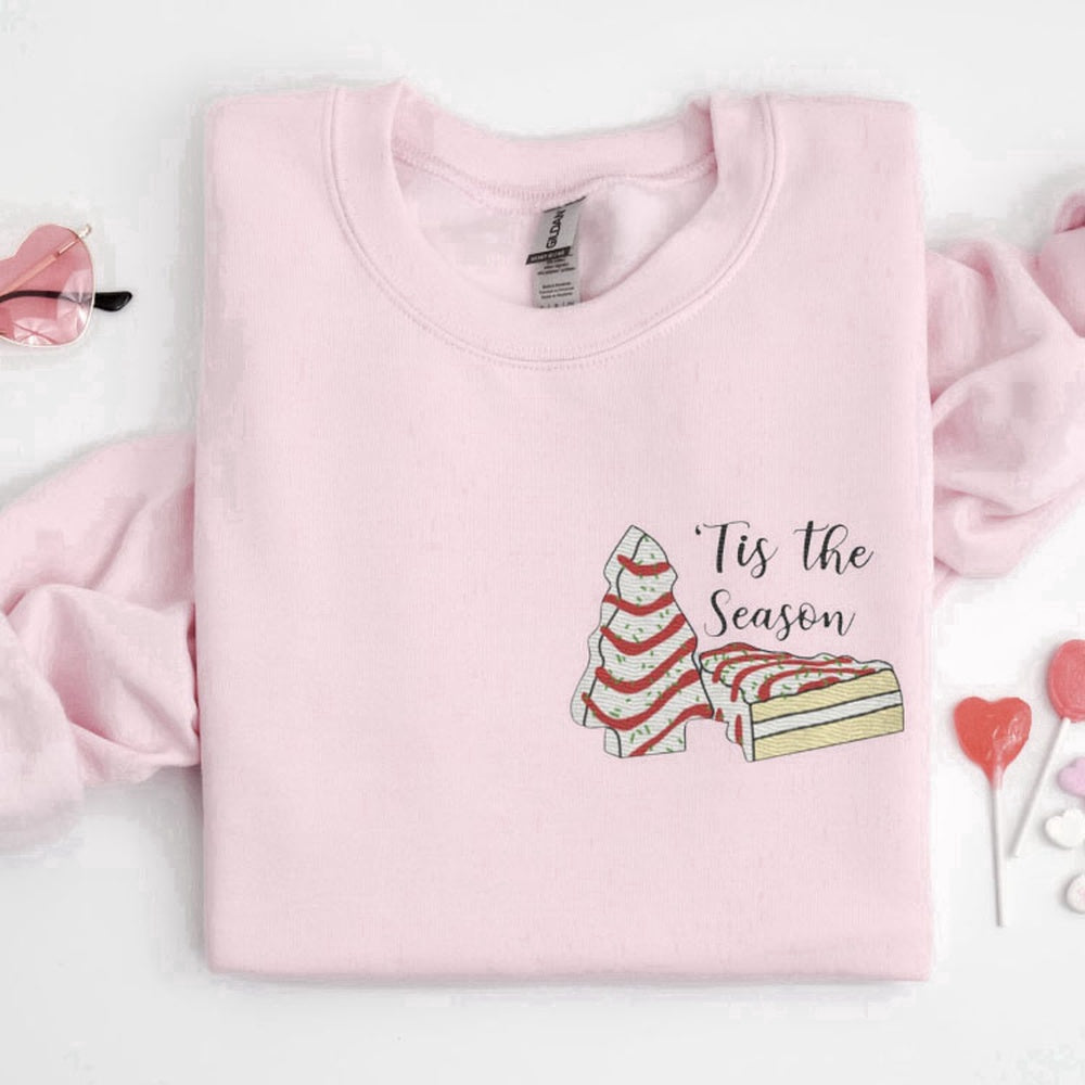 Eembroidered Custom Sweatshirts, Embroidered Christmas Tree Cake Tis The Season Sweatshirt, Gift For Christmas, Christmas Gift