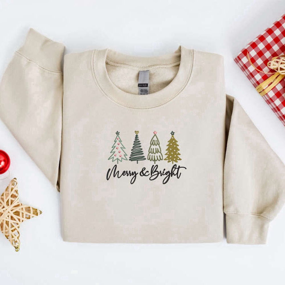 Eembroidered Custom Sweatshirts, Embroidered Christmas Tree Sweatshirt, Merry And Bright Sweatshirt For Family, Christmas Gift