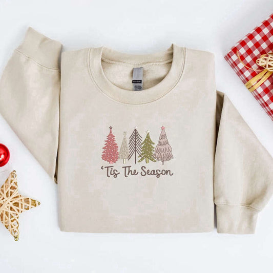 Eembroidered Custom Sweatshirts, Embroidered Christmas Tree Sweatshirt, Tis The Season Sweatshirt For Family, Christmas Gift