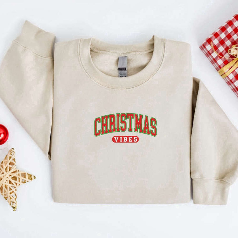 Eembroidered Custom Sweatshirts, Embroidered Christmas Vibes Sweatshirt Embroidered Retro Christmas Sweater For Family, Christmas Gift
