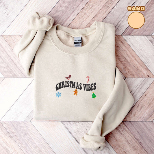 Eembroidered Custom Sweatshirts, Embroidered Christmas Vibes Sweatshirt, Merry Christmas Sweatshirt For Family, Christmas Gift