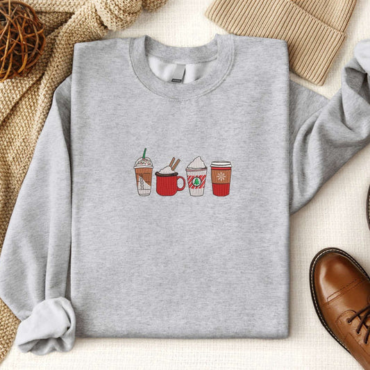 Eembroidered Custom Sweatshirts, Embroidered Coffee Christmas Sweatshirt 2D Crewneck Sweater, Gift For Christmas, Christmas Gift