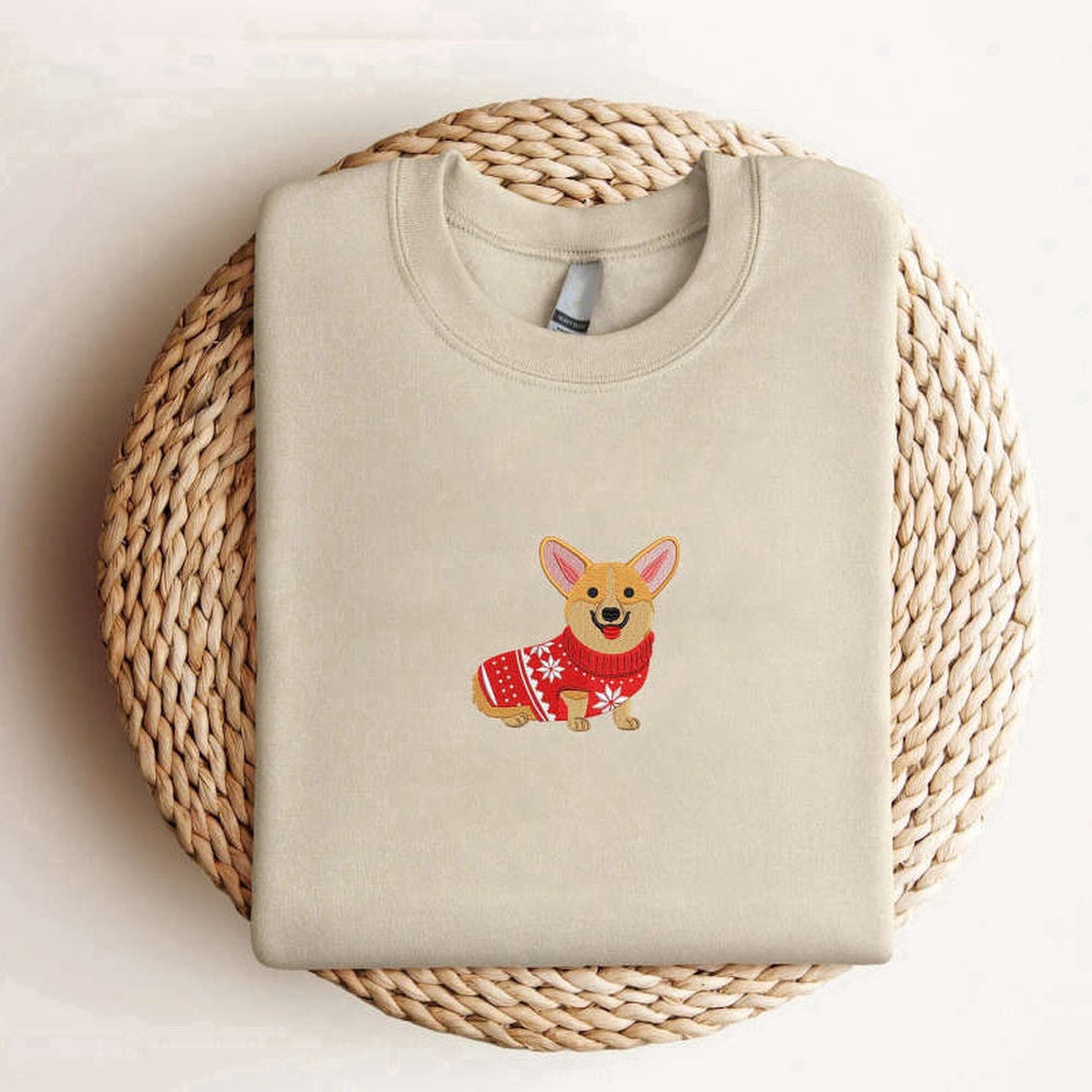 Eembroidered Custom Sweatshirts, Embroidered Corgi Christmas Sweatshirt, Christmas Dog Sweatshirt For Dog Lover, Christmas Gift