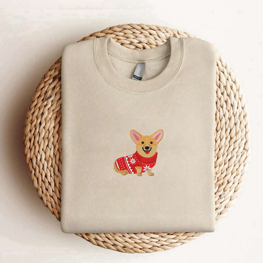 Eembroidered Custom Sweatshirts, Embroidered Corgi Christmas Sweatshirt, Christmas Dog Sweatshirt For Dog Lover, Christmas Gift