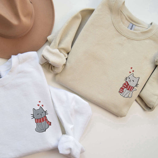 Eembroidered Custom Sweatshirts, Embroidered Couples Christmas Cat Sweaters, Matching Cat Christmas Sweatshirts, Christmas Gift