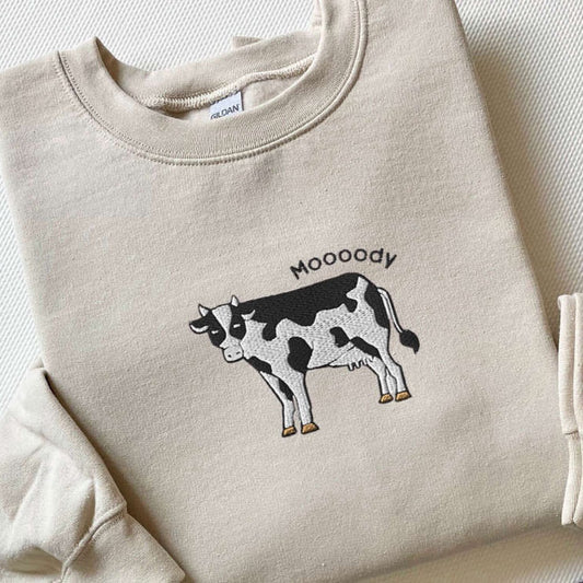 Eembroidered Custom Sweatshirts, Embroidered Cow Sweatshirt, Moooody Cow Crewneck, Embroidered Cow Sweater, For Cow Lovers, Christmas Gift