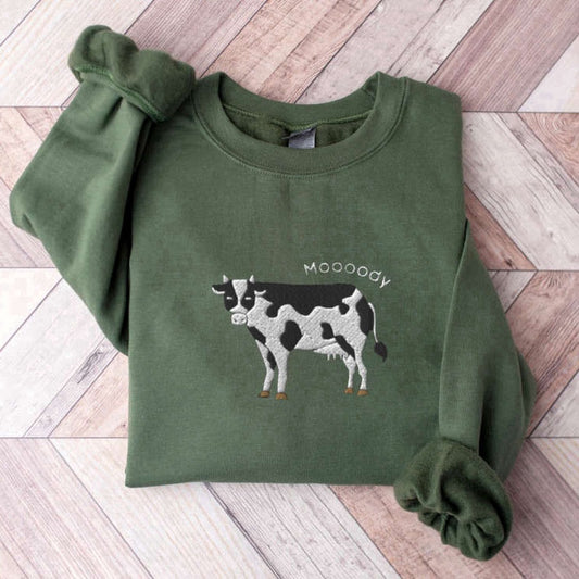 Eembroidered Custom Sweatshirts, Embroidered Cow Sweatshirt, Moooody Cow Crewneck, Gift For Cow Lovers, Christmas Gift