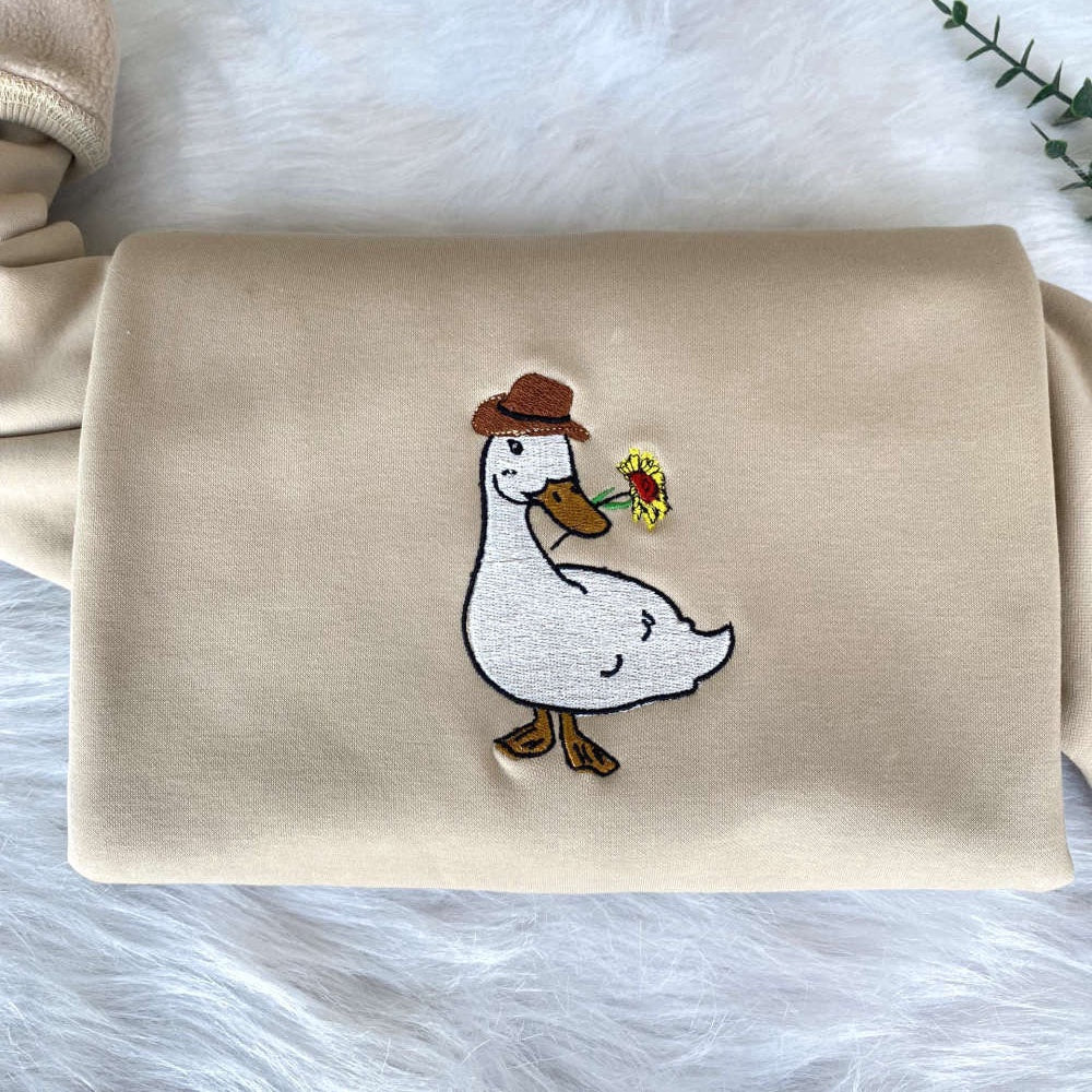 Eembroidered Custom Sweatshirts, Embroidered Cowboy Goose Sweatshirt, Ducks And Flowers Embroidered Sweatshirt For Family, Christmas Gift
