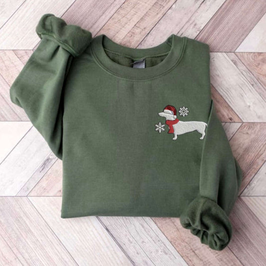 Eembroidered Custom Sweatshirts, Embroidered Dachshund Christmas Sweatshirt, Dog Christmas Sweater, Dachshund Gift, Christmas Gift