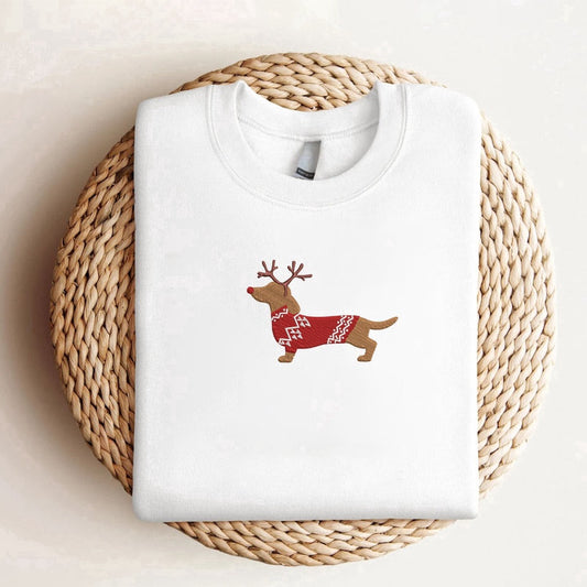 Eembroidered Custom Sweatshirts, Embroidered Dachshund Reindeer Christmas Sweatshirt, Crewneck Sweatshirt For Family, Christmas Gift