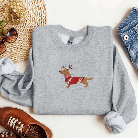 Eembroidered Custom Sweatshirts, Embroidered Dachshund Reindeer Christmas Sweatshirt For Men And Women, Christmas Gift