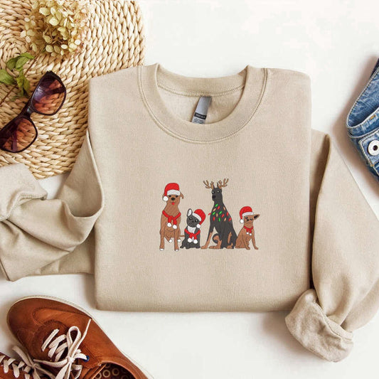 Eembroidered Custom Sweatshirts, Embroidered Dog Santa Christmas Sweatshirt Christmas Dog Sweatshirt Christmas Crewneck Sweater, Christmas Gift