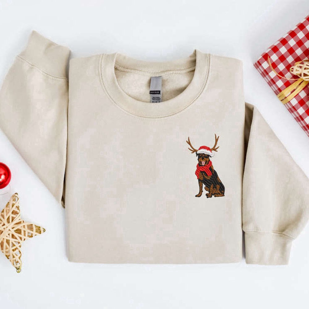 Eembroidered Custom Sweatshirts, Embroidered Dog Sweatshirt, Rottweiler Reindeer Dog Christmas Sweater For Family, Christmas Gift