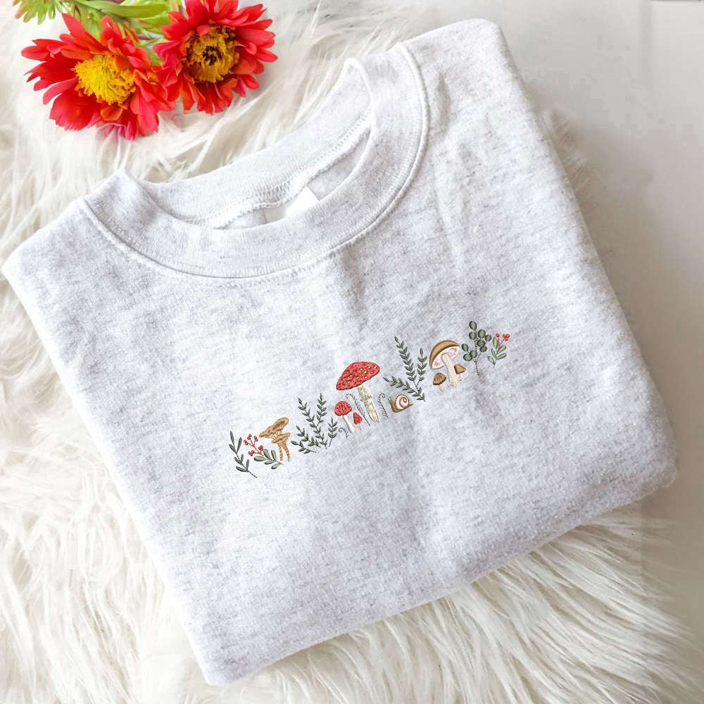 Eembroidered Custom Sweatshirts, Embroidered Enchanted Forest Mushrooms Sweatshirt, Mushroom Lovers Gift, Christmas Gift