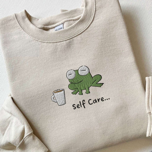 Eembroidered Custom Sweatshirts, Embroidered Funny Frog Self Care Frog Sweatshirt, Best Gift For Family, Christmas Gift