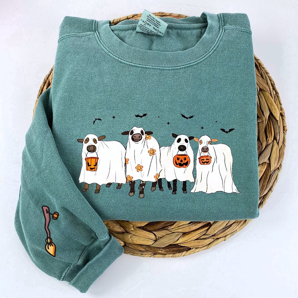 Eembroidered Custom Sweatshirts, Embroidered Ghost Cows Halloween Sweatshirt, Christmas Gift