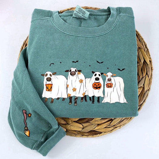 Eembroidered Custom Sweatshirts, Embroidered Ghost Cows Halloween Sweatshirt, Christmas Gift